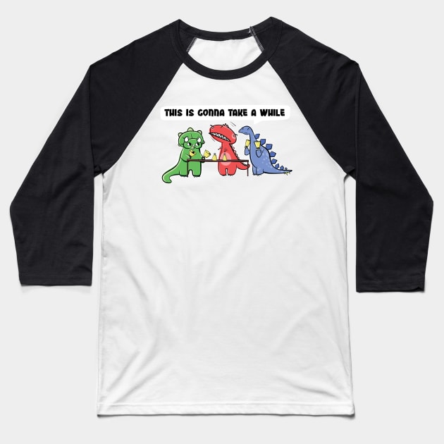 Funny Dinosaur Handbell Practice "This Is Gonna Take A While" Baseball T-Shirt by SubtleSplit